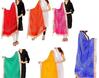 Women's Jaipuri Rajasthani Silk Bandhani Bandhej Heavy Dupatta with Gota Work and latkans for partywear and casual wear