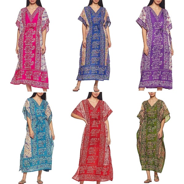 Lange kaftan, kaftan, olifantenprint, polyester zomer, strandjurk, maxi damesnachtjurkjurk, strandbedekking, zwembadfeest, cadeaus voor vrouwen