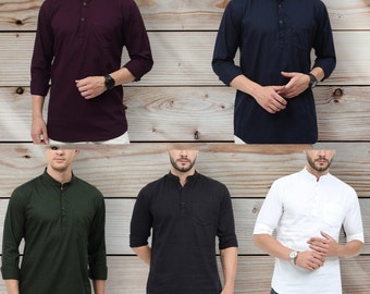 Kurtas casual da uomo cuciti in tinta unita, Kurta corto regolare in cotone da uomo, camicie a maniche lunghe con colletto alla mandariana Kurta per adulti.