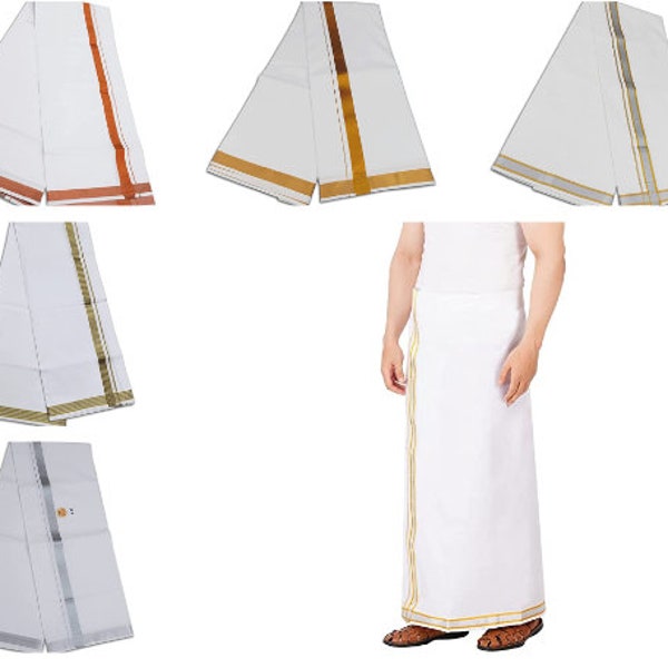 South Indian Cotton Dhoti Vesti Border Panjagajam Set, Men Cotton 2 Meters Dhoti, Ethnic White Lungies \Dhoti Cotton Dhoti's Full Length