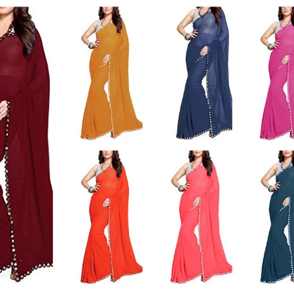 Frauen SpiegelArbeit Sari Indische Bollywood Party Wear Sari Vorhang Kleid Hochzeit Stylische Schlichte Saree