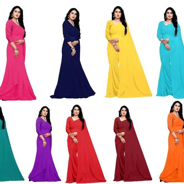 Women's Saree Blouse Indian Bollywood Party Wear Sari Chiffon Curtain Drape Dress Stylish Plain Saree With Unstitched Blouse