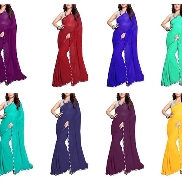 Women's Mirror Work Saree Indian Bollywood Party Wear Sari Curtain Drape Dress Wedding Wear Stylish Plain Saree