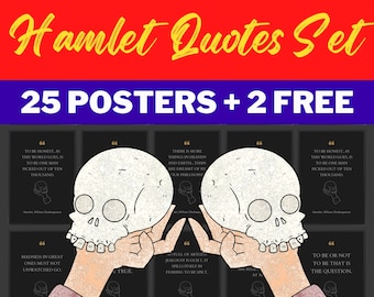 Arte de pared de Shakespeare y Hamlet, pósteres con citas de Hamlet, decoración para aulas de inglés, juego de 25 + 2, citas de William Shakespeare, juego de pósteres de Hamlet.