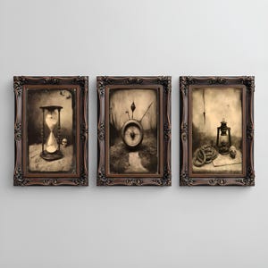 Objects of Journey and Time Dark Surrealism Set of 3 Prints, Gothic Still Life Wall Art Moody Home Decor Printable Digital Download