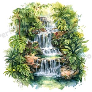 May include: Watercolor painting of a cascading waterfall. The image features multiple tiers of water flowing over rocks, surrounded by lush green tropical foliage. The artwork has a soft, naturalistic style with a focus on light and shadow.