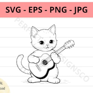 Baby cat cutting svg for cricut and silhouette, cat playing guitar outline svg, baby cat clipart svg, cat vector file digital