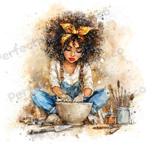May include: Watercolor illustration of a person working with clay. The person is wearing a white shirt, blue overalls, and a yellow headscarf. The image includes pottery tools, paintbrushes, and a bowl of clay, suggesting a pottery or art theme.