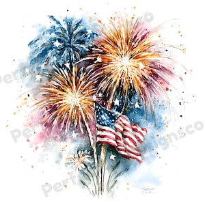 Op de afbeelding: Waterverfillustratie van vuurwerk in blauwe, gouden en roze tinten, met een wapperende Amerikaanse vlag op de voorgrond. Het kunstwerk heeft een zachte, schilderachtige stijl met kleurspatten.