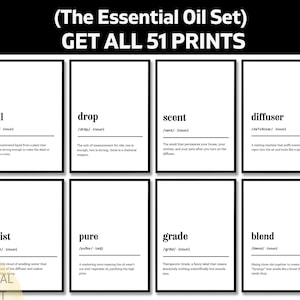 以下が含まれることがあります： エッセンシャルオイルに関連する単語と定義が記載された、白黒のプリント8枚セットです。上部のテキストには「(The Essential Oil Set) GET ALL 51 PRINTS」と書かれています。各プリントには「オイル」や「ブレンド」などの単語が記載されています。