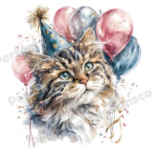 May include: Watercolor illustration of a cat wearing a party hat and surrounded by balloons. The cat has green eyes and brown and white fur. Pink and blue balloons are behind the cat, with confetti and musical notes in the background.