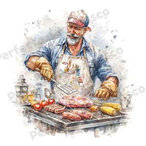 May include: Watercolor illustration of a person grilling various foods, including steaks, sausages, and corn on the cob. The person wears an apron, gloves, and a cap. Tomatoes and condiments are on the side. The image has a rustic, outdoor cooking theme.