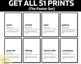 May include: A digital print featuring eight framed definitions with black text on a white background. The definitions include "pastor," "sermon," "amen," "potluck," "prayer list," "offering," "church coffee," and "youth group."