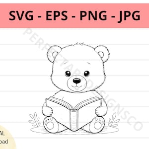 Bebé oso corte svg para cricut y silueta, oso leyendo libro contorno svg, bebé oso clipart svg, archivo vectorial oso digital