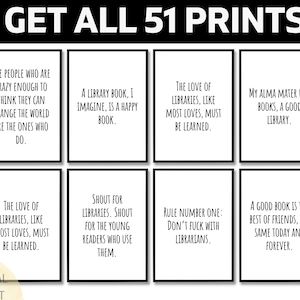Library Quotes Posters, Set of 51 Prints, Library Decoration Posters, Library Reading Posters, Library Printables, Librarian Gifts, Literary
