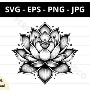 Lotusbloem tattoo illustratie svg, lotusbloem svg-bestand voor cricut en silhouette, lotusbloem clipart, lotus vector svg eps png jpg