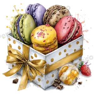 May include: A watercolor illustration of a white gift box with gold polka dots, filled with colorful macarons. A gold ribbon and bow adorn the box. Additional elements include a strawberry and chocolate pieces.
