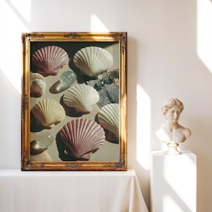 Vintage Coastal Shells Wall Art, Antique Weathered Table Still Life Print For Beach House Decor, Rustic Ocean Bathroom Instant Download