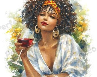 20 Schwarze Mädchen Wein Liebhaber Clipart, Weingut Verkostung, Entspannung, Junk Journal, hochwertige PNGs, druckbare Aquarelle, Papiermodelle