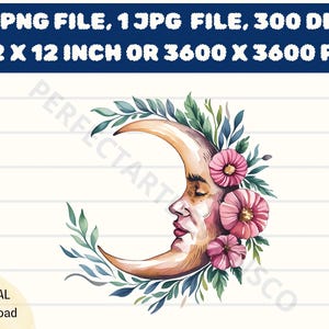 Decorative Moon Watercolor Clipart, Decorative Moon Watercolor Png Transparent Background Digital Download, Moon Printable Graphic