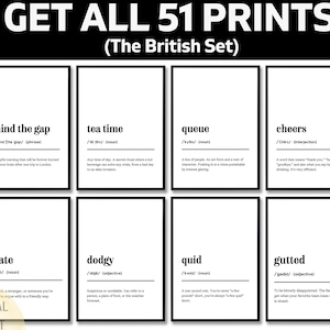 Funny British Definition Print Set, UK Humour Wall Art, Gift For Anglophile, England Slang Quote Decor, Funny UK Gift For Friend Or Family