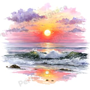 May include: Watercolor painting of a sunset over the ocean. The sun is a bright yellow orb, casting a warm glow over the water and sky. Waves crash on the shore, reflecting the colors of the sunset.