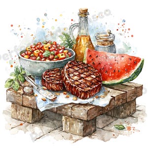 Könnte beinhalten: Aquarellillustration einer Grillparty-Szene. Zwei gegrillte Steaks, eine Schüssel Salat, eine Wassermelonen-Scheibe sowie Öl- und Gewürzgläser sind auf einer rustikalen Holzpalette angeordnet. Frischer Basilikum und ein Servierutensil.