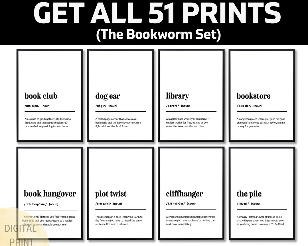 Bookworm Definition Print, Funny Reading Quote Wall Art, Book Lover ...