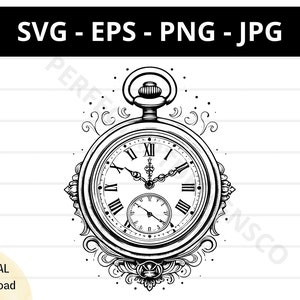 懐中時計のタトゥーのイラスト svg、クリカットとシルエット用の時計 svg ファイル、懐中時計のクリップアート、懐中時計のベクター svg eps png jpg