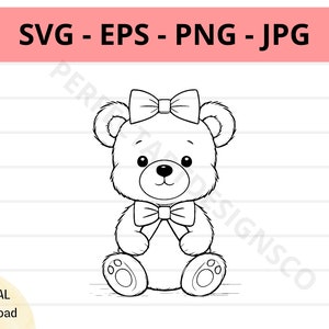 Baby bear cutting svg for cricut and silhouette, bear wearing bow ribbon outline svg, baby bear clipart svg, bear vector file digital