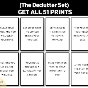 Puede incluir: Un conjunto de ocho impresiones artísticas minimalistas con marcos negros y fondos blancos. Cada impresión presenta una cita inspiradora diferente en texto negro. El texto superior dice "(The Declutter Set) GET ALL 51 PRINTS". La esquina inferior izquierda dice "DIGITAL PRINT".