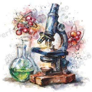 Może przedstawiać: Akwarelowa ilustracja zabytkowego mikroskopu ze szczegółami z mosiądzu i niebieskiego, obok kolby z zielonym płynem i modelami atomów. Grafika ma motyw naukowy z plamami koloru.