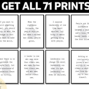 Op de afbeelding: Een verzameling van acht ingelijste prints met inspirerende citaten in zwarte tekst op een witte achtergrond. De tekst "GET ALL 71 PRINTS" staat bovenaan. De prints zijn gerangschikt in twee rijen van vier, met motiverende boodschappen.