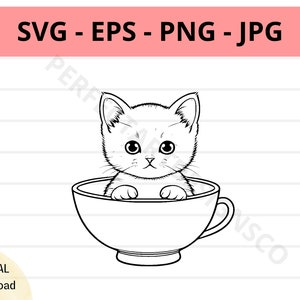 Svg-bestand kat, baby kat cricut machine snijden gelaagd bestand, kat overzicht svg, kat zit in theekopje svg, schattige kat vectorbestand