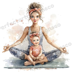 May include: A watercolour illustration depicts a woman and child in a yoga pose. The woman wears a grey vest top, grey trousers, and a coral headband. The child wears a coral shirt and headband. They are seated on a blue yoga mat.