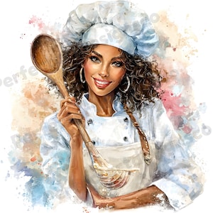May include: Watercolor illustration of a smiling chef wearing a white uniform, apron, and toque. She holds a wooden spoon with flour. The background features colorful watercolor splashes.