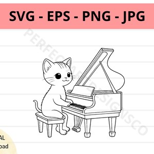 かわいい猫の svg、クリカット、シルエット、ピアノを弾く猫のシャツの svg、赤ちゃん猫のカットファイルの svg ダウンロード、レイヤー化された猫のクリップアート