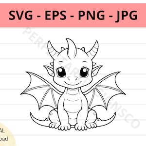 Fichier svg dragon mignon, contour bébé dragon svg, svg clipart dragon, svg dragon coupe des fichiers pour la silhouette cricut, dragon vecteur svg eps png jpg