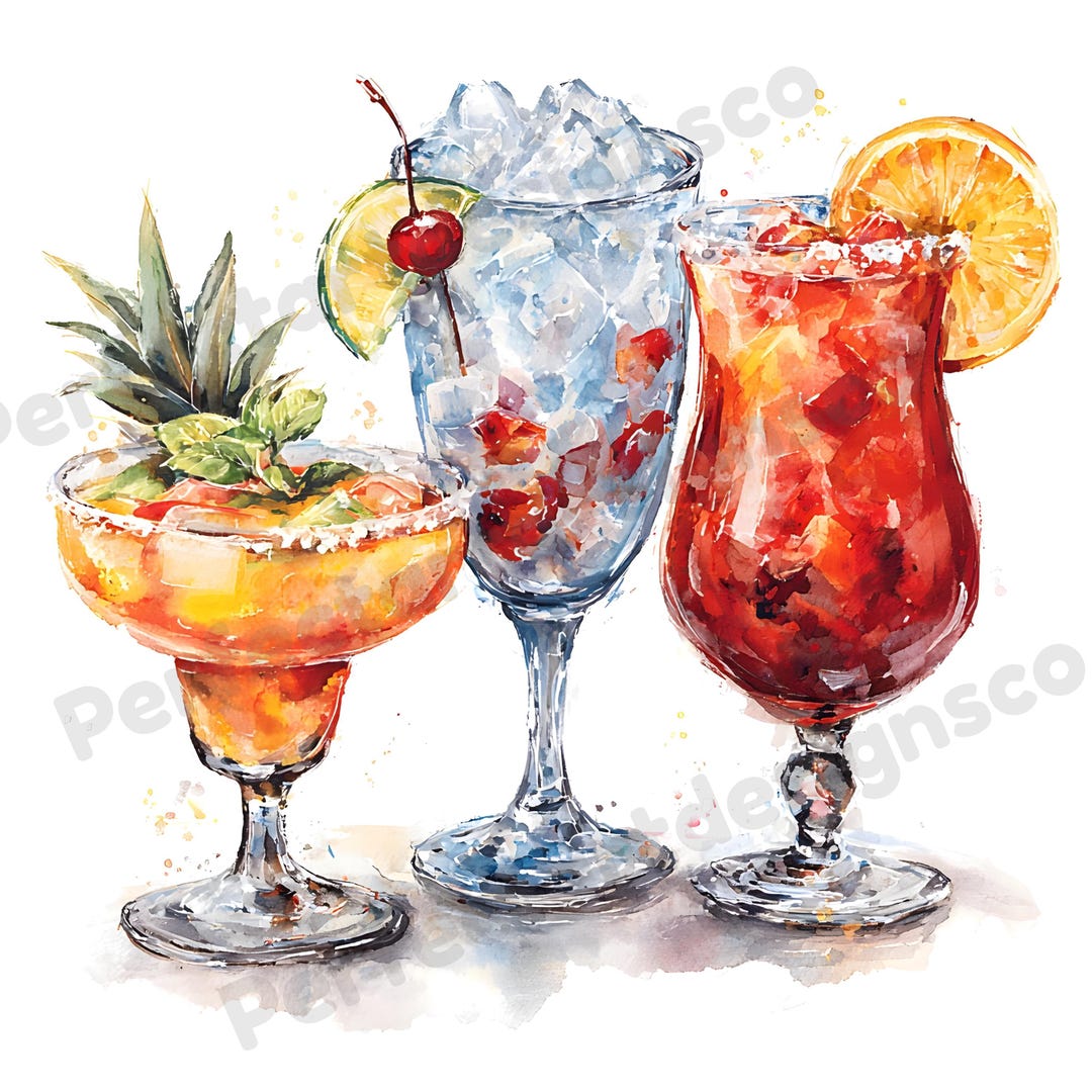 20 Summer Cocktails Clipart, Tropical Drinks and Citrus, Watercolor Art ...