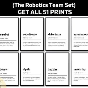 Peut inclure: Ensemble de huit impressions en noir et blanc avec des définitions de termes robotiques. Le texte supérieur indique "(The Robotics Team Set) GET ALL 51 PRINTS". Chaque impression présente un terme, sa prononciation et sa définition. Les termes incluent "pit crew".