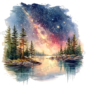 May include: A watercolour painting depicting a starry night sky above a lake. The sky transitions from dark blue to pink and orange, with a bright Milky Way and shooting stars. Pine trees are on the lake's edge.