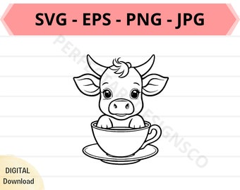 Cow outline svg, cute cow sitting in teacup svg, kawaii cow clipart, cow shirt svg, cow vector svg cut file for cricut silhouette png