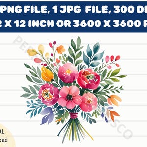 Bouquet Watercolor Png Printable Download, Bouquet High Quality Jpg and Png Download, Bouquet Illustration Digital File