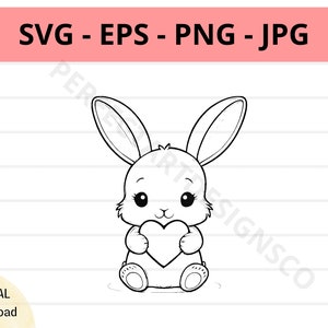 Coniglietto carino svg, cricut, silhouette, coniglietto che tiene un cuore, maglietta coniglietto svg, download file di taglio coniglietto svg, clipart coniglietto a strati
