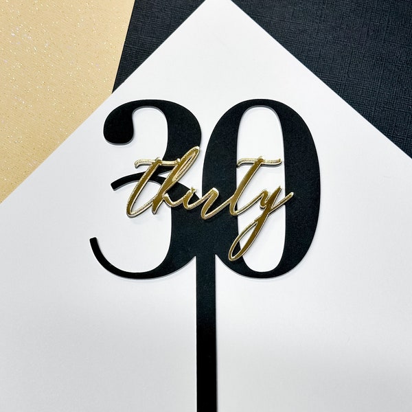 Age Birthday Cake Topper, Acrylic Cake Topper, Milestone, Anniversary, Script, Modern, Elegant, Glam, Black, Gold, 30 40 50 60 70 80 21