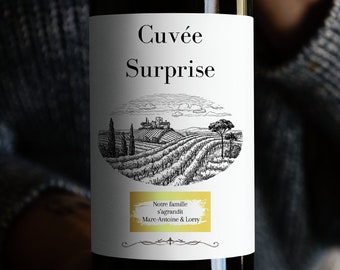 Etiquette vin personnalisée, annonce étiquette bouteille, étiquette vin surprise, étiquette à gratter or, annonce surprise, événements