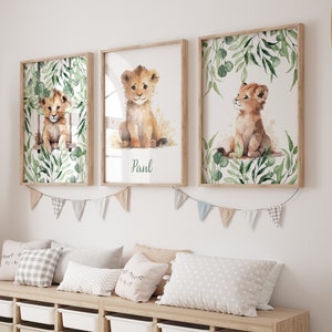 First Name Poster Set, Jungle, Baby Lion, Customizable First Name, set of 3 posters on the theme of a lion cub and the jungle, Unframed