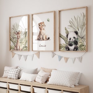 First Name Poster Set, Jungle, Baby Lion, Customizable First Name, set of 3 posters on the theme of a lion cub and the jungle, Unframed