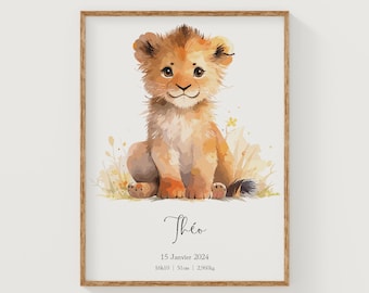 Affiche de Naissance - Lion - Affiche personnalisée, Cadeau  de naissance, Lionceau, Bébé Lion style Aquarelle, Petit Simba