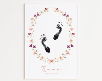 Affiche empreinte bébé, empreinte pieds bébé, empreinte main bebe, affiche personnalisée naissance, kit empreinte, style floral